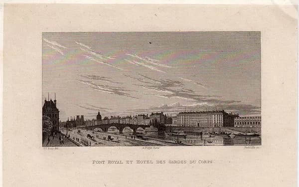 1829 год. Гравюра, Франция. Виды Парижа, королевский мост