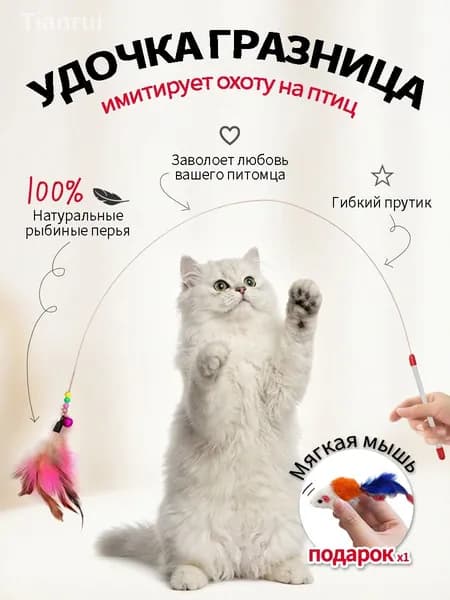 Игрушка для кошек /ДРАЗНИЛКА - удочка с перьями/Бесплатная игрушечная мышь
