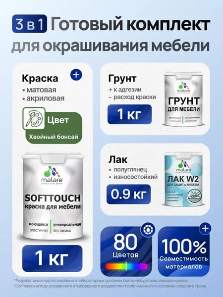 Комплект Malare SoftTouch для окрашивания мебели (1кг грунт + 1 кг краска + 0.9кг лак), акриловый, без запаха, быстросохнущий, полуглянцевый, цвет хвойный бонсай
