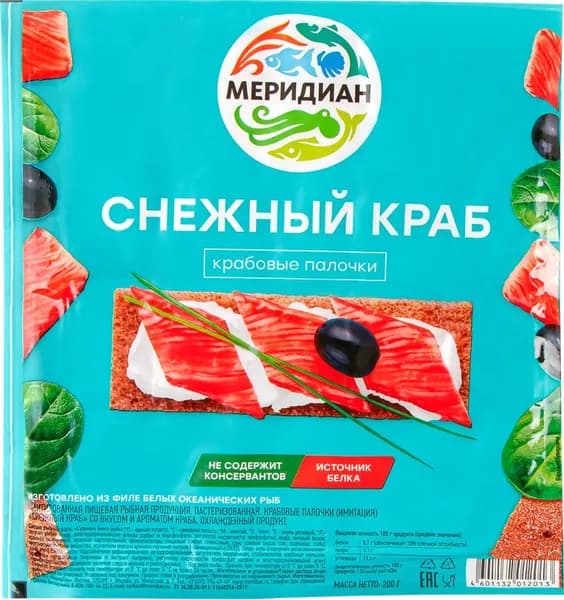 Крабовые палочки МЕРИДИАН Снежный краб (имитация), 200г 3 шт.