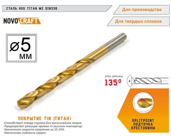 Сверло по металлу 5 мм Novocraft TITAN M2, DIN 338, 1 штука