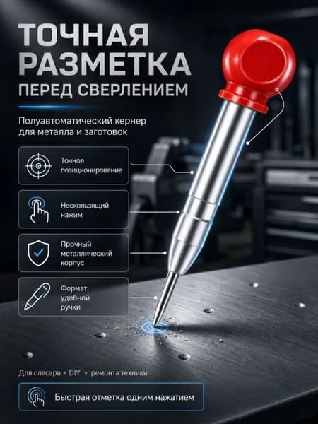 Кернер автоматический пружинный, маркер для сверления и разметки по металлу, дереву, пластику; стержень CrV 130 мм,кернер по металлу,пружинный