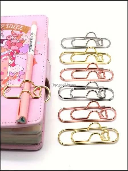Набор металлических зажимов-закладок для страниц в виде сердечек, разноцветные, с держателем для ручки для книг, дневника, ежедневника