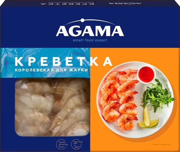 Креветки Королевские свежемороженые AGAMA Для жарки, без головы, 1000г