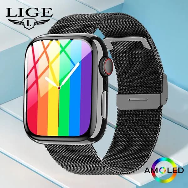 LIGE Смарт-часы мужские, женские с влагозащитой/Для Apple и Android/часы смарт AMOLED дисплей Функция мониторинга состояния здоровья и совершения звонков по Bluetooth., 47mm, Черная сетчатая лента + черная силиконовая лента