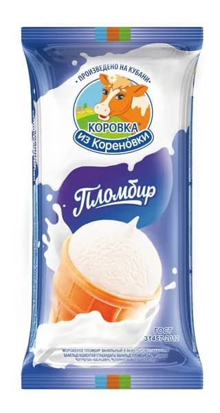 Мороженое пломбир Коровка из Кореновки Ванильное в вафельном стаканчике, 100г