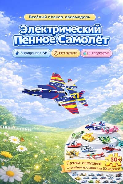 Игрушка самолёт пенопластовый с пропеллером и подсветкой / летающий истребитель с мотором + подарок пазл (1 из 30) набор