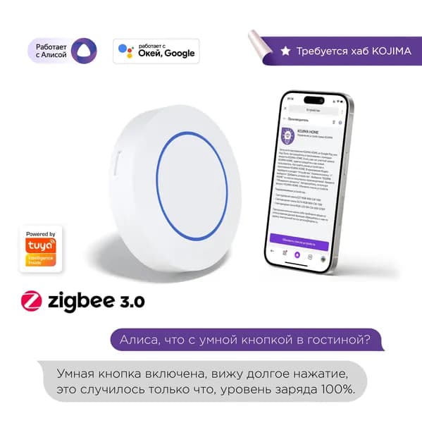 Умная кнопка Zigbee, Яндекс Алисой, Google Home