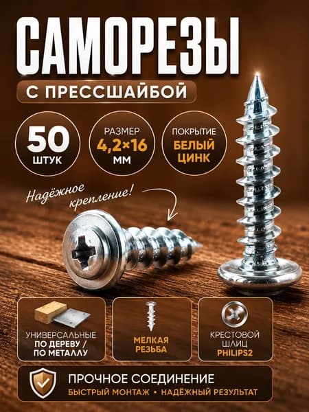 Саморез с прессшайбой острый 4.2*16 цинк 50 шт.