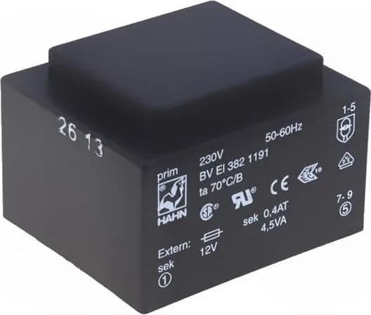 Трансформатор HAHN BV EI 382 1197 залитый 4,5ВА 230ВAC 24В 187мА Монтаж PСВ 150г 1 шт