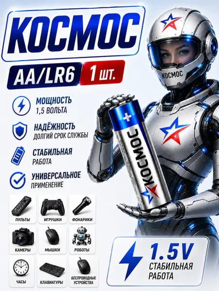Батарейка AA (LR6) Космос 1 шт. алкалиновая пальчиковая 1.5V