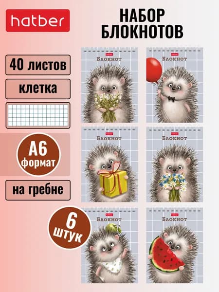 Набор блокнотов Hatber 40 листов, формата А6, в клетку, 65 г/кв. м, на гребне, ультрафиолетовый лак, 6 штук/6 дизайнов Хорошо быть ёжиком