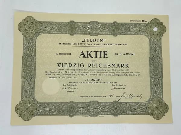 Ценная бумага Германия Компания Ferrum AG, 40 марок 1926 год