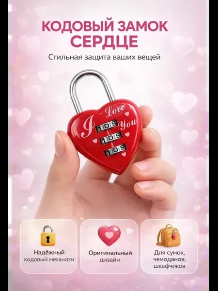 Кодовый замок сердце для сумок и чемоданов 3 цифры