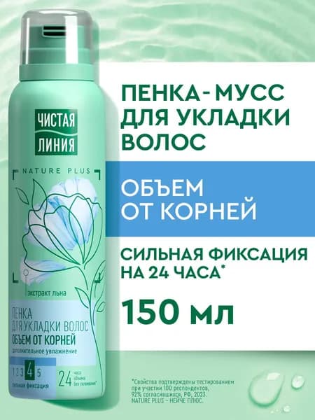 Чистая Линия Пенка для укладки волос для объема, мусс сильной фиксации, с экстрактом льна, 150 мл. Уцененный товар