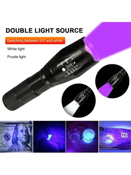 Фонарик XPE + УФ-светодиоды 395 нм, белый и фиолетовый свет, регулируемая фокусировка