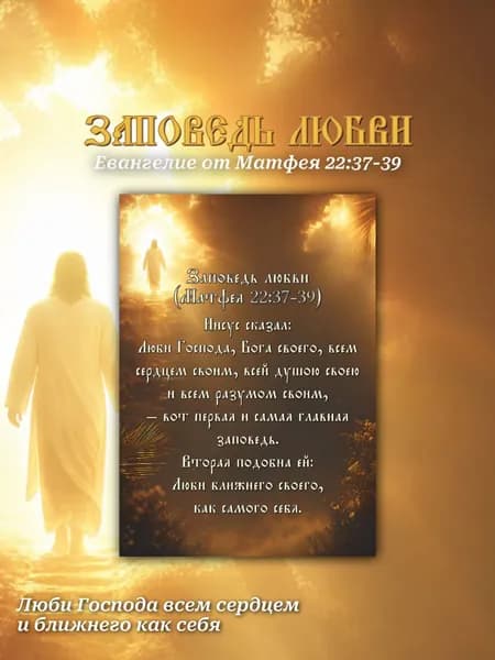 Заповедь любви А3, плакат с цитатой из Евангелия от Матфея 22:37-39, текст заповеди о любви к Богу и ближнему, на глянцевой бумаге, для дома