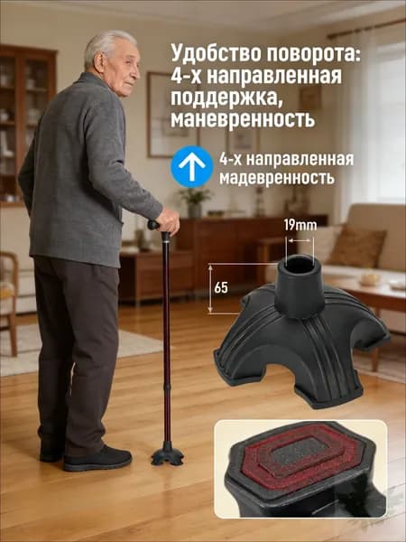 Четырехопорная насадка на трость 19мм - устойчивая опора для зимы