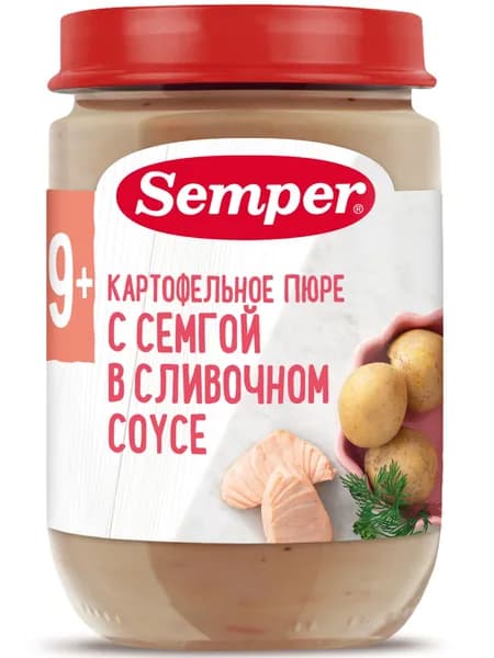 Пюре с кусочками детское Semper с 9 месяцев, готовое блюдо Картофельное с семгой в сливочном соусе, 190 г