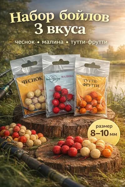 Бойлы на волосе набор 3 вкуса 8-10 мм карп карась Чеснок Малина Тутти-Фрутти