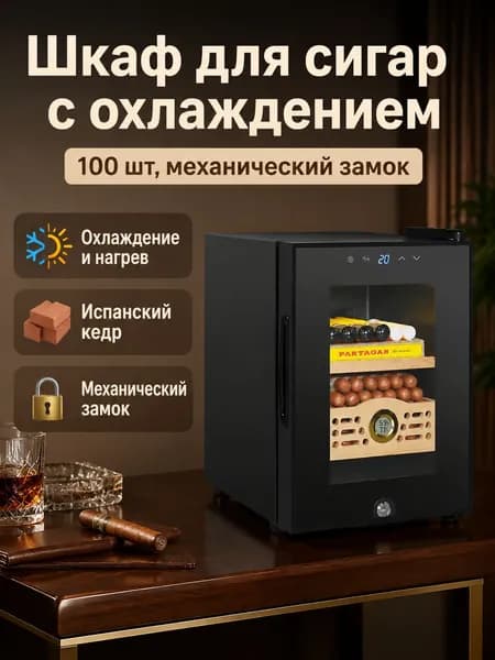 Электронный шкаф для сигар на 100 шт. с охлаждением, подогревом, механическим замком и деревянной внутренней отделкой
