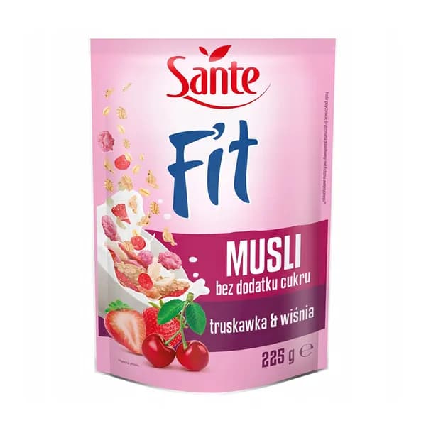 Готовый завтрак Fit хлопья c клубникой и вишней (без добавления сахара), Sante, 225 г, Польша
