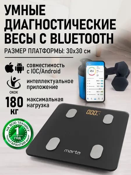 MARTA Умные весы диагностические с функцией измерения жира, жидкости, костной и мышечной массы тела, напольные 30х30 см, серый графит