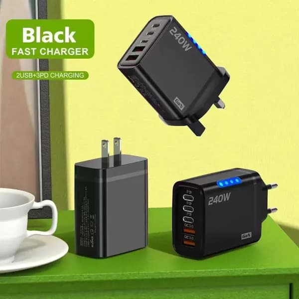 240 Вт GaN-зарядное устройство с 5 портами (2 USB-A + 3 USB-C), черное, европейская вилка