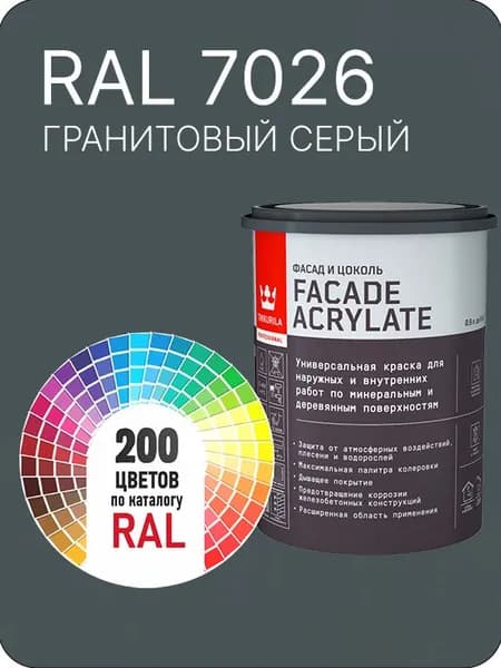 Tikkurila Facade Acrylate краска для фасадов и интерьеров цвет серый гранитовый Ral 7026 0.9 л.