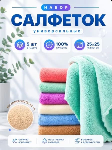 Салфетки для уборки, тряпки для кухни из плотной микрофибры, размер 25х25 см - 5 шт