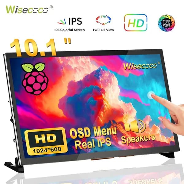 Wisecoco Пиксельный экран Сенсорный монитор для Raspberry Pi, 10.1'' IPS LCD экран 1024 * 600 Smooth Touch, встроенные двойные динамики, HDMI вход, совместим с Raspberry Pi 5/4/3/0, простая настройка без драйверов (10.1 дюйма), шоколадный
