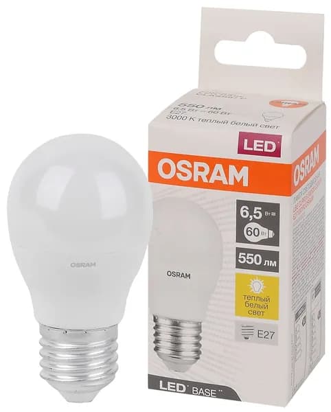 LEDVANCE Лампа светодиодная LED Base Шарообразная 6,5 Вт (замена 60 Вт), 550Лм, 3000К, цоколь E27 OSRAM (4058075527775)