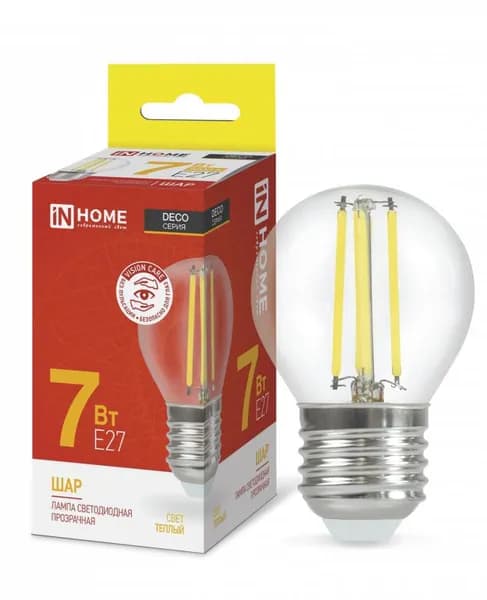 Лампа светодиодная LED 7Вт Е27 230В 3000К 630Лм ШАР-deco прозрачная IN HOME