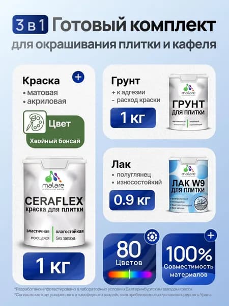 Комплект Malare LIPPO для окрашивания плитки и кафеля (1кг грунт + 1 кг краска + 0.9кг лак), акриловый, без запаха, быстросохнущий, полуглянцевый, цвет хвойный бонсай