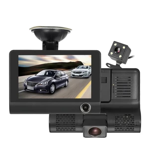 Автомобильный видеорегистратор на присоске VIDEO CARDVR Full HD 1080 / режим записи видео в формате Full HD / с функцией записи аудио / 3 камеры: передняя, салонная, задняя / экран диагональю 4 дюйма