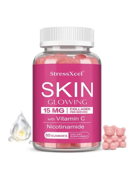 Осветляющие жевательные конфеты StressXcel, содержащие коллагеновые пептиды, витамин С и ниацинамид, помогают улучшить упругость и сияние кожи. 60 конфет.