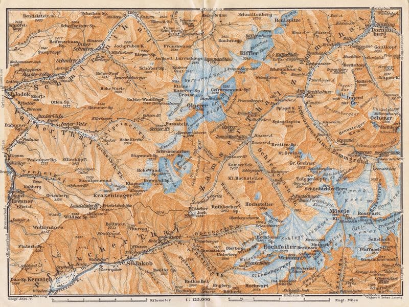 Географическая карта антикварная. Австрия. Вершины Хохфайлер и Ольперер и примыкающие к ним горы и долины. Смешанная техника. Германия, 1912 год