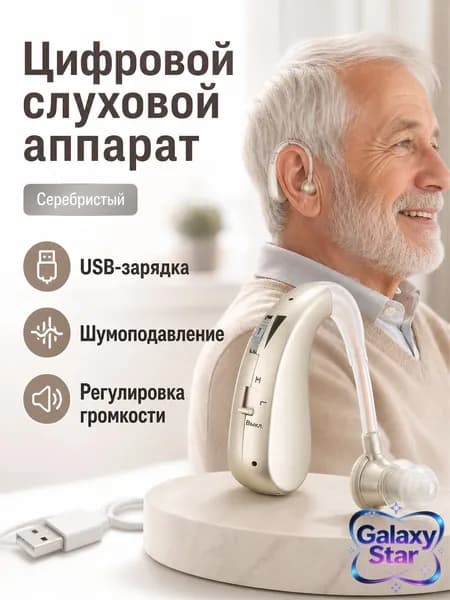 Цифровой заушный слуховой аппарат с USB-зарядкой: серебристый, 3 режима громкости, шумоподавление