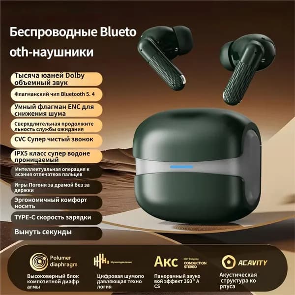 Наушники беспроводные, Bluetooth, зеленый