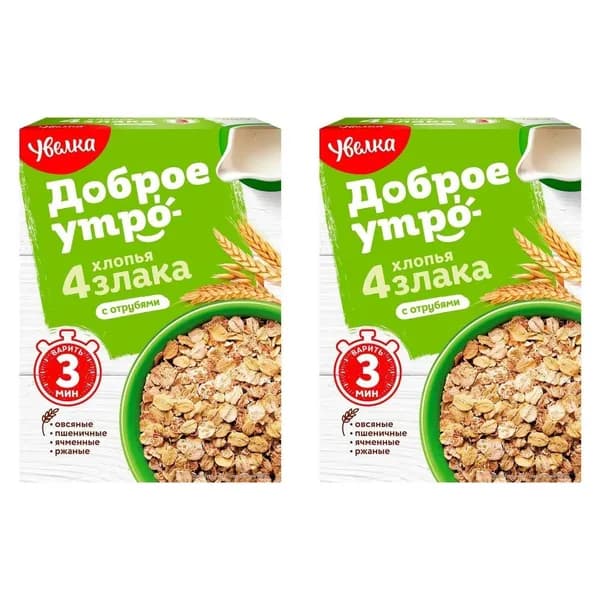 Увелка Хлопья мультизерновые, тонкие, с пшеничными отрубями, 350 г, 2 шт
