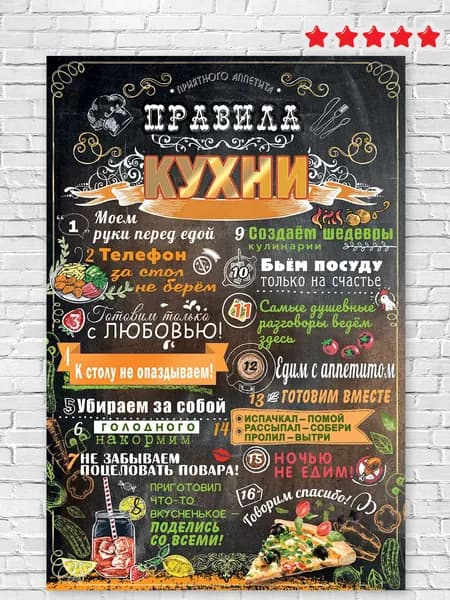 Плакат на стену "правила кухни", для дома, А3