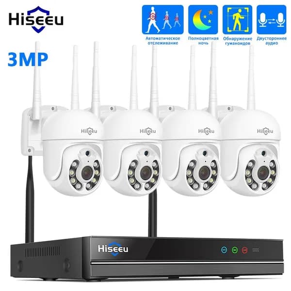 Hiseeu Wi-Fi PTZ Комплект камеры видеонаблюдения,10CH NVR Набор,3MP 4 IP камеры без жесткого диска, Цветная ночного видения,Автоматическое отслеживание,Двусторонняя аудиосвязь, P2P