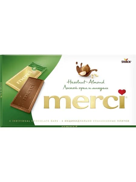 Merci, шоколад молочный с лесным орехом и миндалем, произведено в Германии, 100г / Мерси