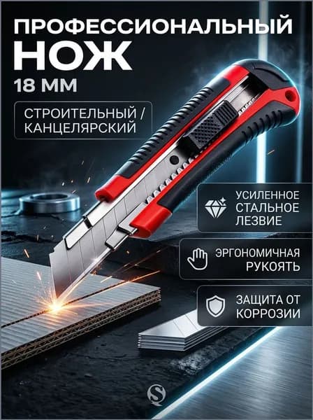Нож канцелярский строительный 18 мм, прорезиненная ручка, металл направляющая