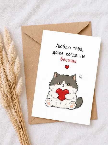 Открытка "Люблю тебя, даже когда ты бесишь" А6 (10х15) с конвертом, прикольная романтическая открытка