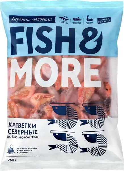 Креветки северные варено-мороженые FISH & MORE в панцире 80/100, 750г
