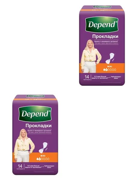 Depend Прокладки при недержании Мини, 14 штук в упаковке, 2 упаковки