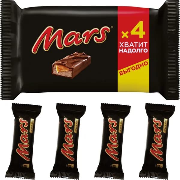 Шоколадные батончики Mars, 4 шт по 40.5 г / Шоколад, нуга, карамель