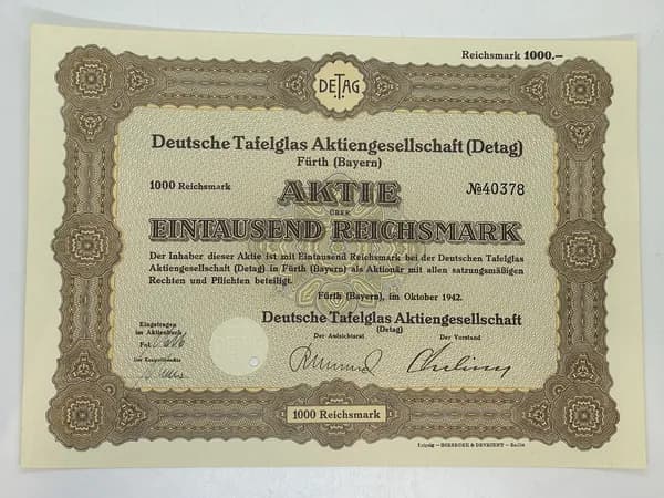 Акция Германия, Компания Detag Производство стекла, 1000 рейхсмарок 1942 год №30