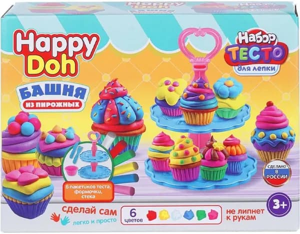 Тесто для лепки цветное "Этажерка с пирожными", игровой набор для детского творчества и развития мелкой моторики, 6 цветов + формочки и аксессуары